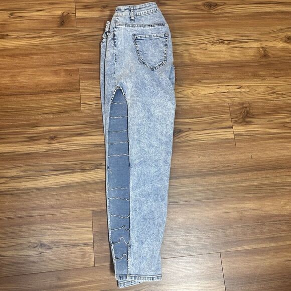 Y2K Acid Wash Rhinestone Cutout Jeans 18W Festival Baddie Distressed - Picture 4 of 11